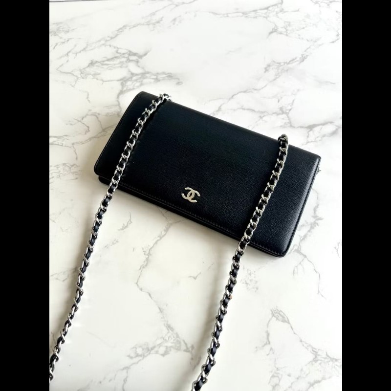 【LA LUNE】絕版古董包 Chanel黑銀色WOC 側背包 斜背包 中古二手包 長夾皮夾-6