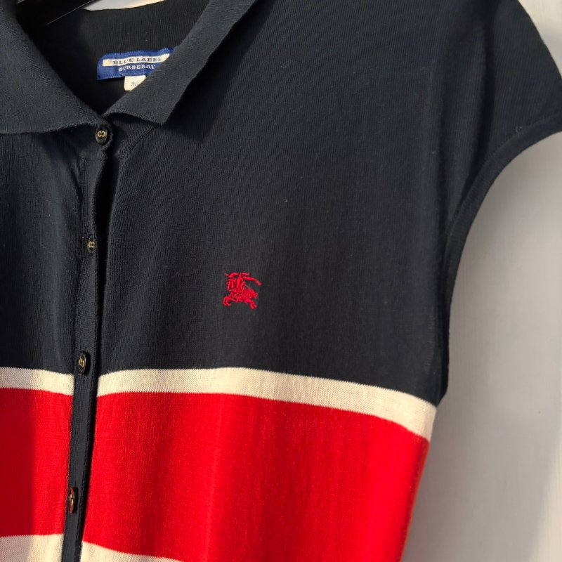 ::BURBERRY BLUE LABE:: 日系法式袖 海軍藍x紅x白 橫紋POLO洋裝 38號-2
