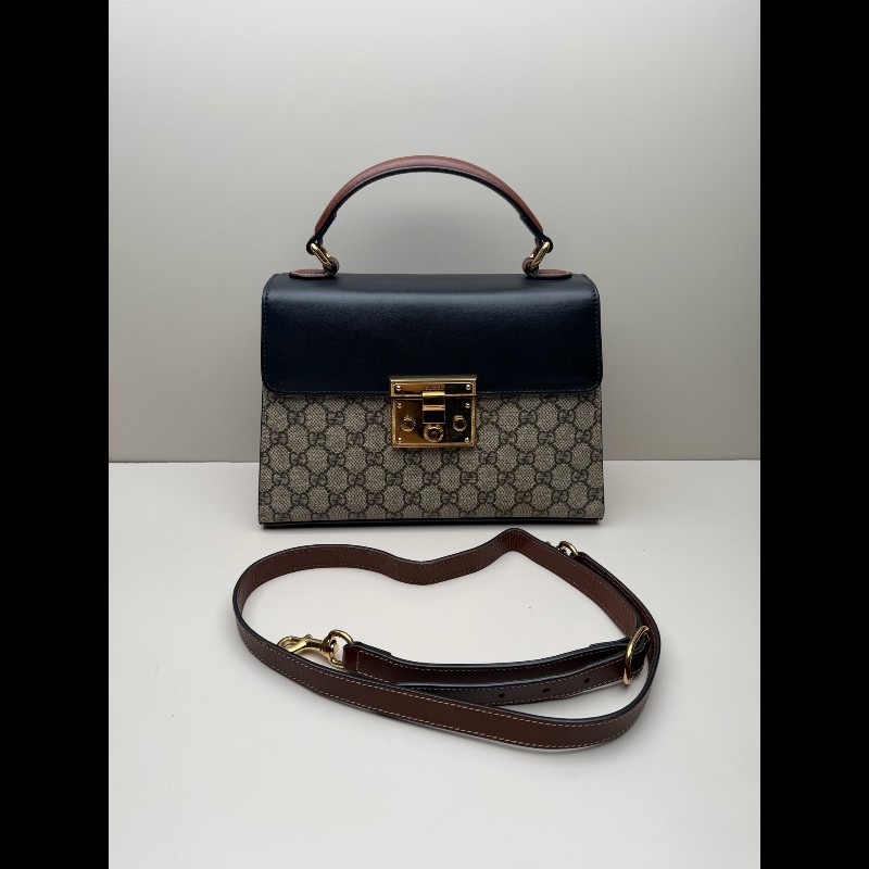 GUCCI padlock老花拼黑色牛皮 月光寶盒中號-0