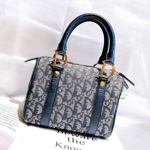 DIOR Vintage 藍色 緹花布 Logo 迷你 Speedy 波士頓包 手提包