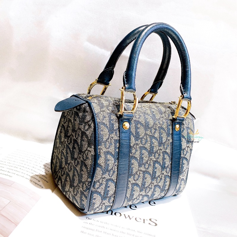 DIOR Vintage 藍色 緹花布 Logo 迷你 Speedy 波士頓包 手提包-1