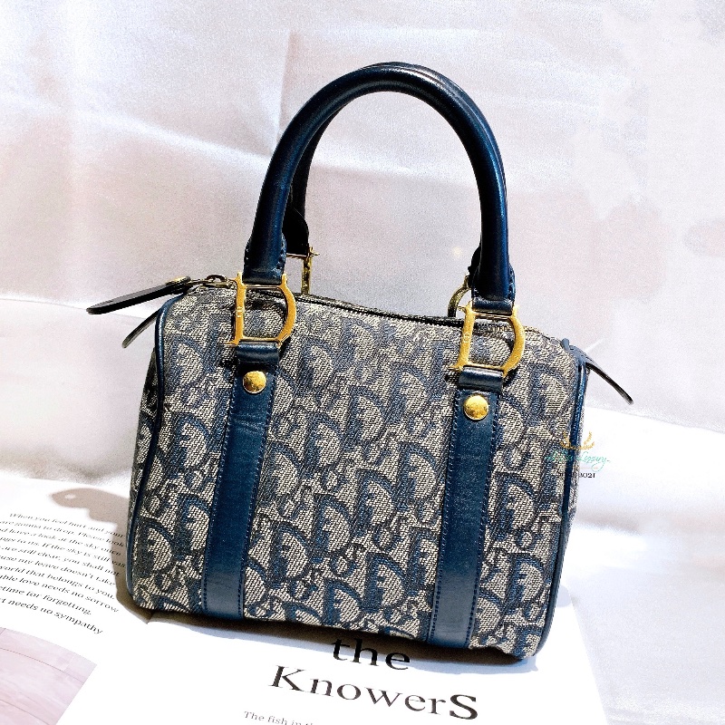 DIOR Vintage 藍色 緹花布 Logo 迷你 Speedy 波士頓包 手提包-2