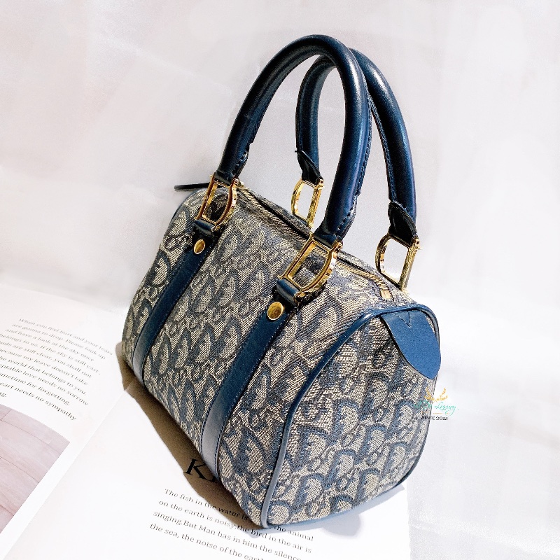 DIOR Vintage 藍色 緹花布 Logo 迷你 Speedy 波士頓包 手提包-3