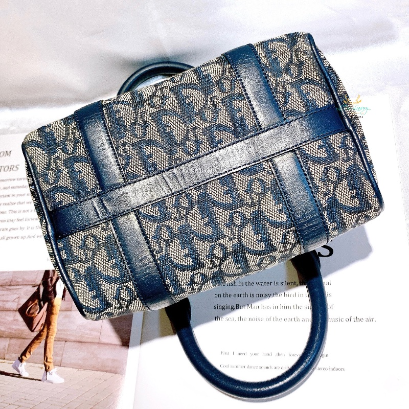 DIOR Vintage 藍色 緹花布 Logo 迷你 Speedy 波士頓包 手提包-4