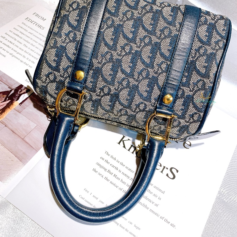 DIOR Vintage 藍色 緹花布 Logo 迷你 Speedy 波士頓包 手提包-5
