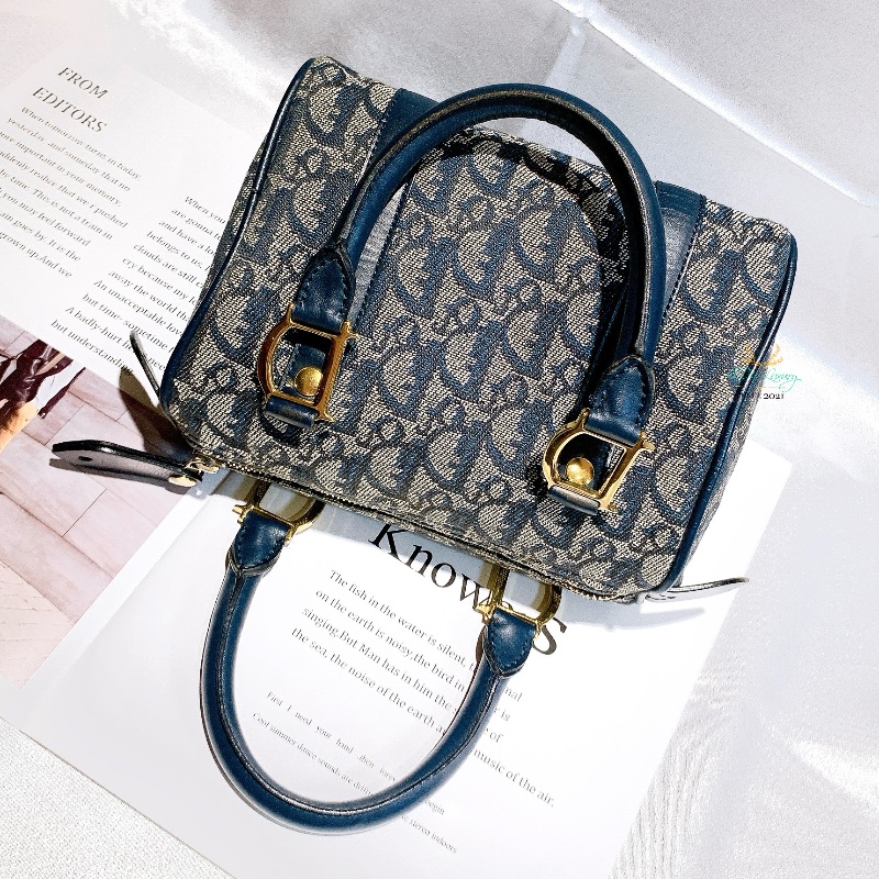 DIOR Vintage 藍色 緹花布 Logo 迷你 Speedy 波士頓包 手提包-6