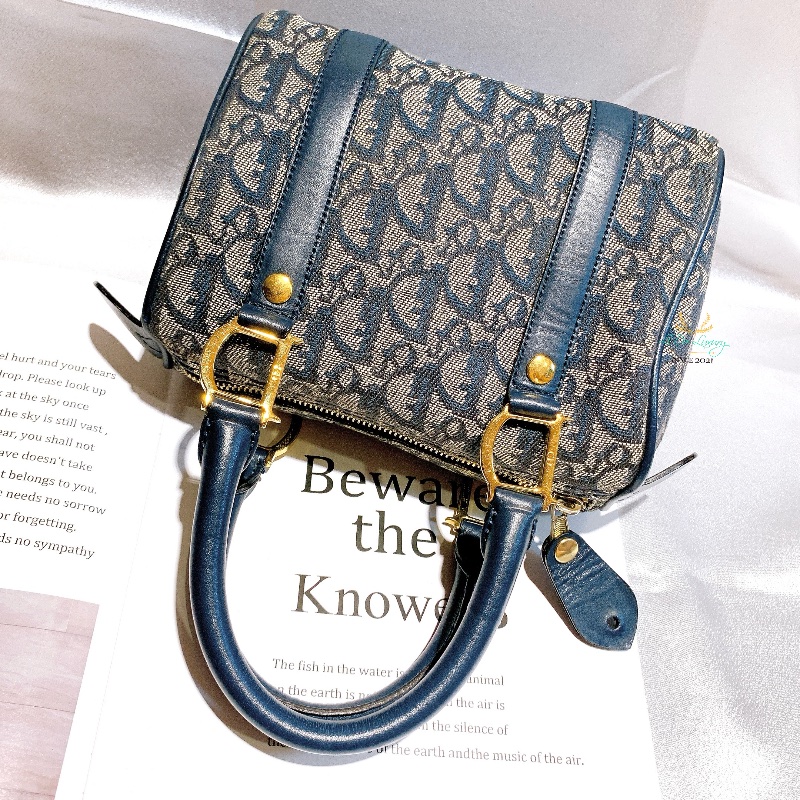 DIOR Vintage 藍色 緹花布 Logo 迷你 Speedy 波士頓包 手提包-7