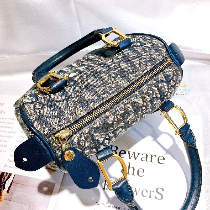 DIOR Vintage 藍色 緹花布 Logo 迷你 Speedy 波士頓包 手提包-10