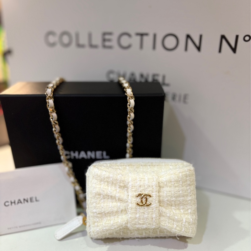 香奈兒 -全新-秋冬金鍊卡夾珍珠羊毛tweed clutch with Chain CD0122 --0