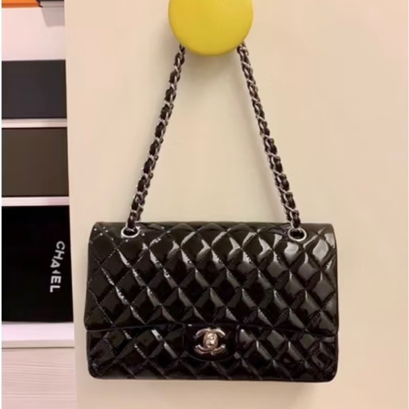 CHANEL 經典款 cOco25 漆皮 銀鍊 菱格紋 手提 肩背包-0