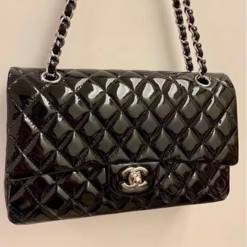 CHANEL 經典款 cOco25 漆皮 銀鍊 菱格紋 手提 肩背包-2