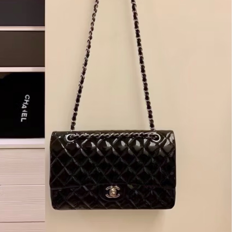 CHANEL 經典款 cOco25 漆皮 銀鍊 菱格紋 手提 肩背包-3