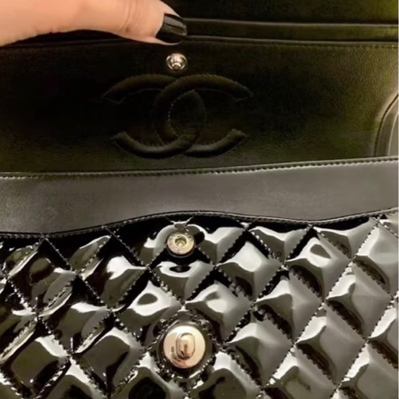 CHANEL 經典款 cOco25 漆皮 銀鍊 菱格紋 手提 肩背包-5