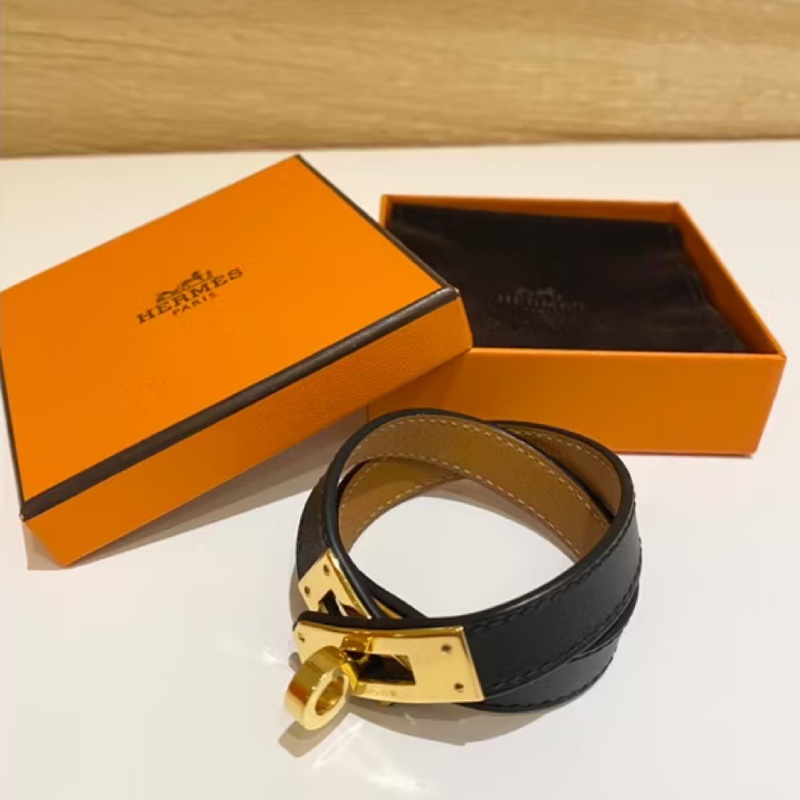 Hermes Kelly皮革手環黑金/金剛色-0