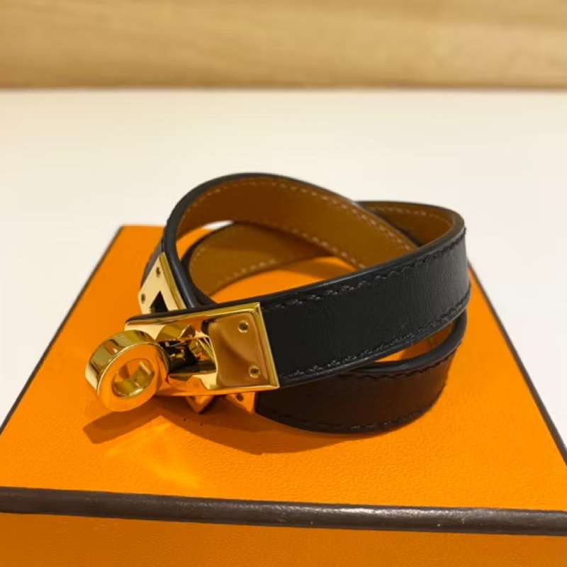 Hermes Kelly皮革手環黑金/金剛色-1