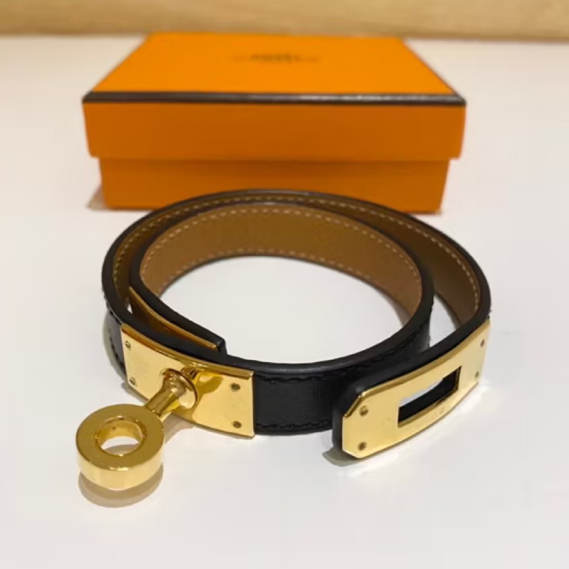 Hermes Kelly皮革手環黑金/金剛色-3