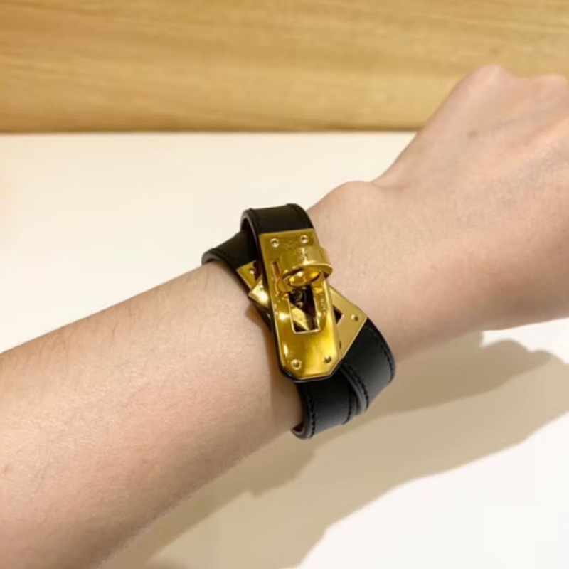 Hermes Kelly皮革手環黑金/金剛色-7