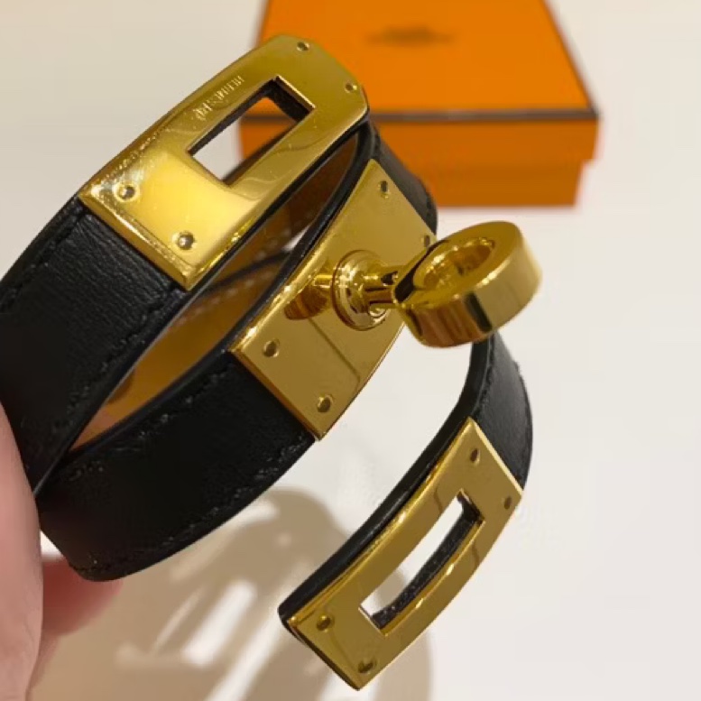 Hermes Kelly皮革手環黑金/金剛色-9
