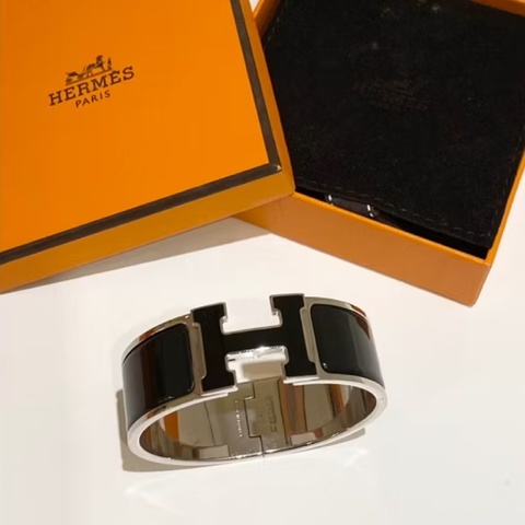 Hermes中型HLogo黑銀琺瑯手環 手鐲