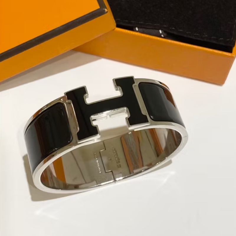 Hermes中型HLogo黑銀琺瑯手環 手鐲-1