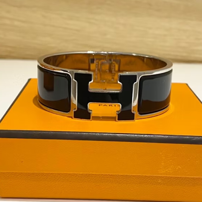 Hermes中型HLogo黑銀琺瑯手環 手鐲-3