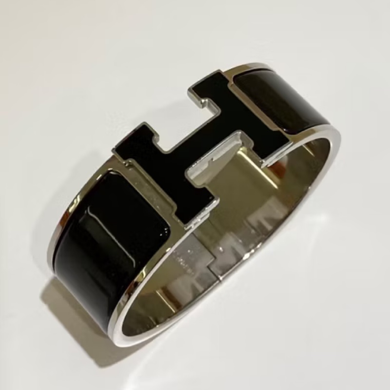 Hermes中型HLogo黑銀琺瑯手環 手鐲-5