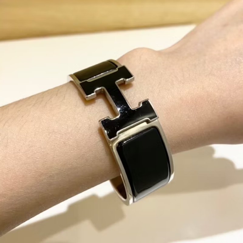 Hermes中型HLogo黑銀琺瑯手環 手鐲-6