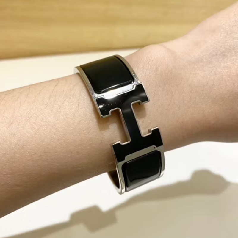 Hermes中型HLogo黑銀琺瑯手環 手鐲-7