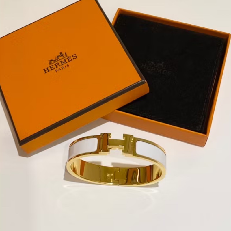 Hermes Clic H Logo奶油白玫瑰金琺瑯手環 手鐲-0