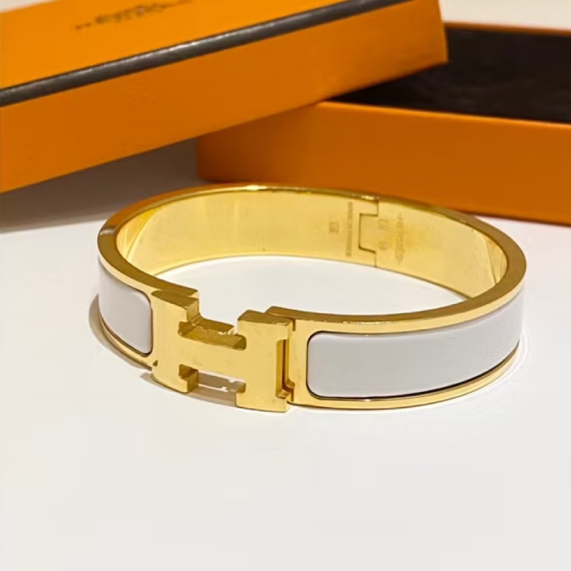 Hermes Clic H Logo奶油白玫瑰金琺瑯手環 手鐲-2