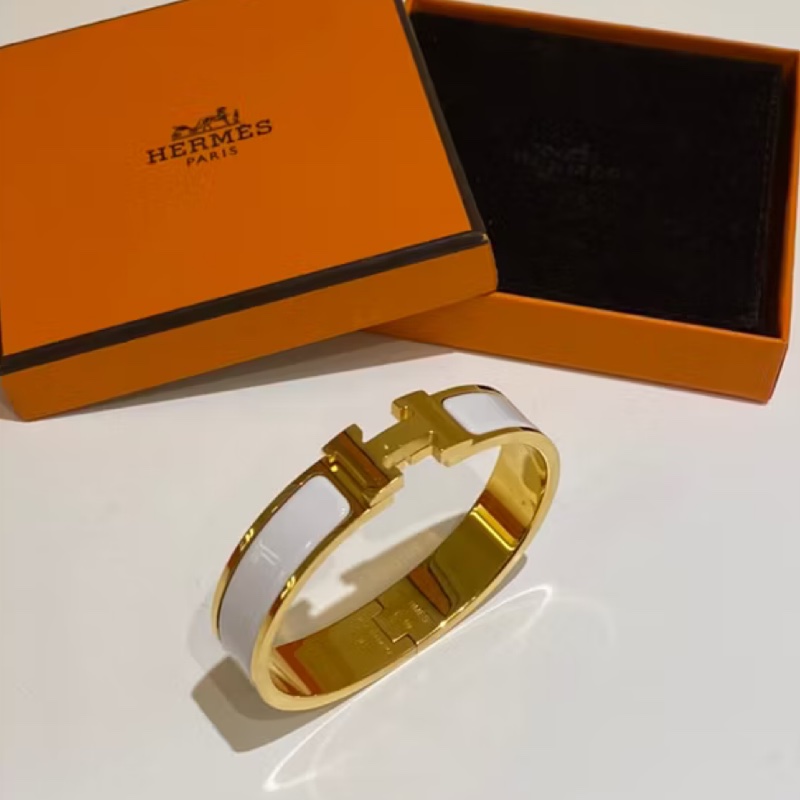 Hermes Clic H Logo奶油白玫瑰金琺瑯手環 手鐲-6