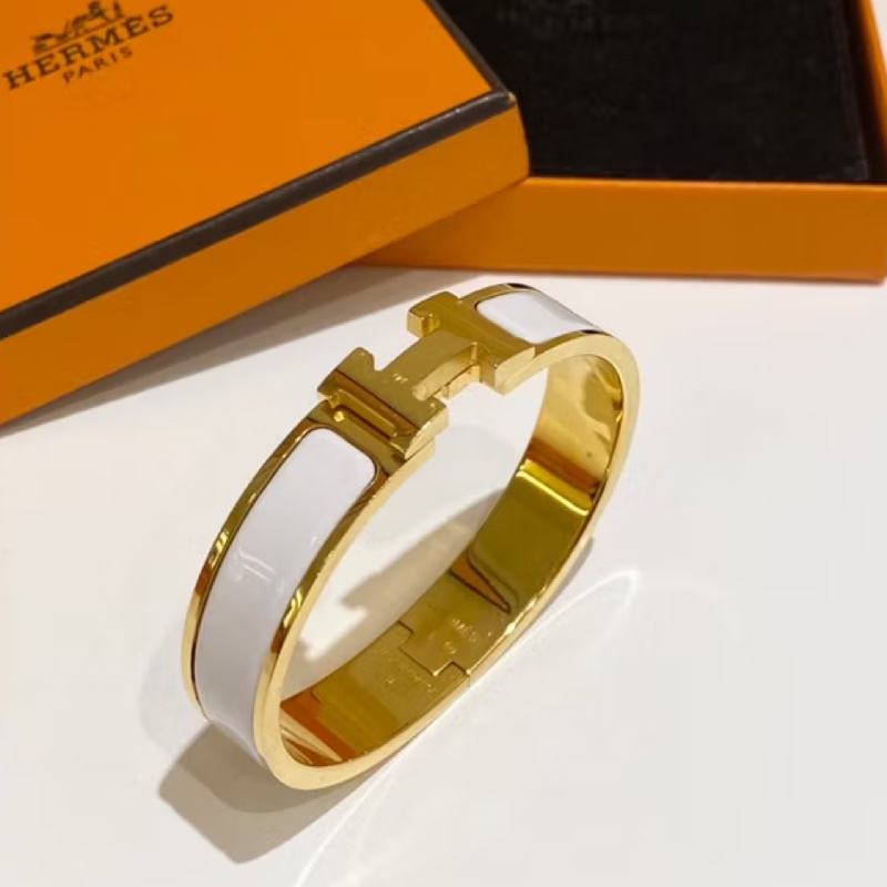 Hermes Clic H Logo奶油白玫瑰金琺瑯手環 手鐲-7