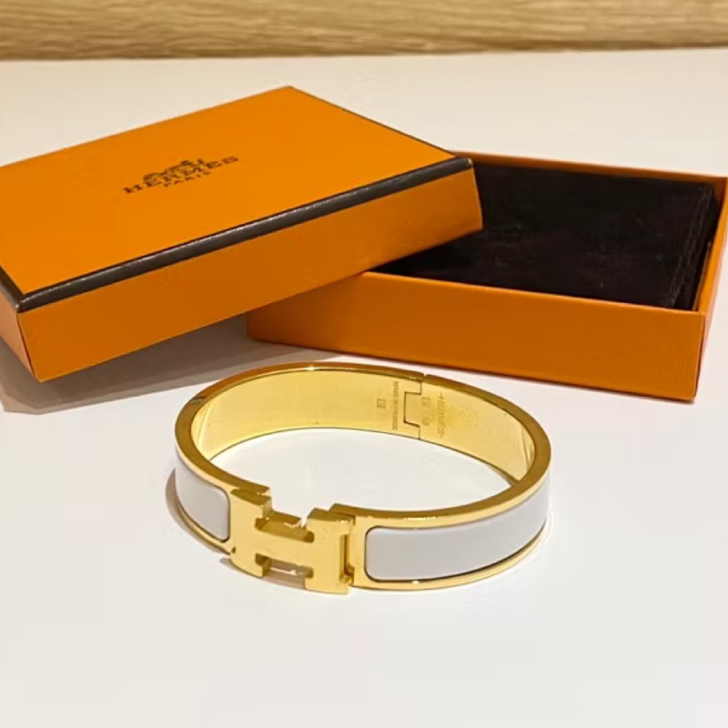 Hermes Clic H Logo奶油白玫瑰金琺瑯手環 手鐲-8