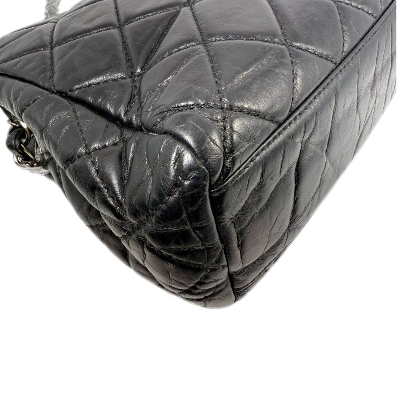 [ 2364］ Chanel 堎紋口蓋 黑色 斜挎包 (油蠟皮) 大號 銀扣-8