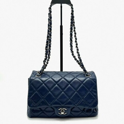 CHANEL 藍色銀扣風琴肩背斜背鏈條包 24.5*16*10 98新配件塵袋