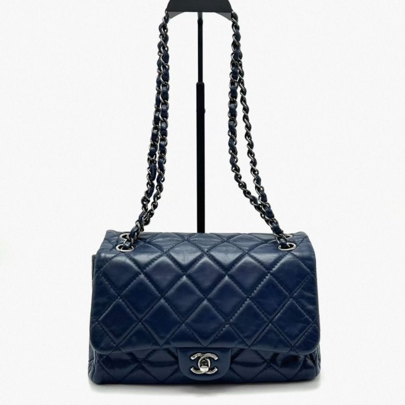 CHANEL 藍色銀扣風琴肩背斜背鏈條包 24.5*16*10 98新配件塵袋-0