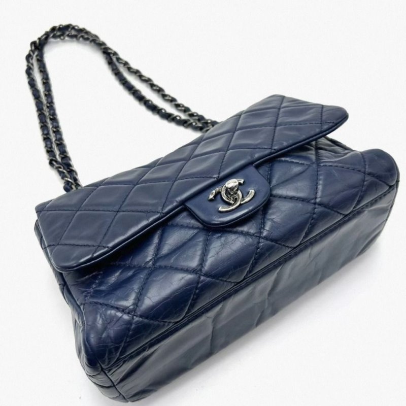 CHANEL 藍色銀扣風琴肩背斜背鏈條包 24.5*16*10 98新配件塵袋-1