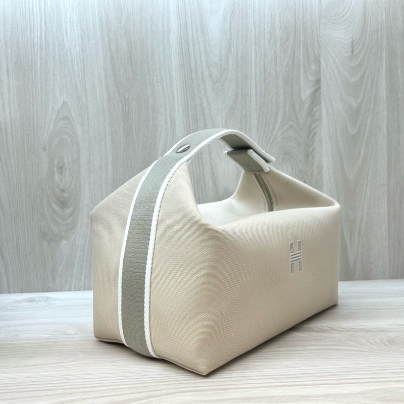 HERMES米白拚灰帆布Bride-a-Brac Case化妝包-3
