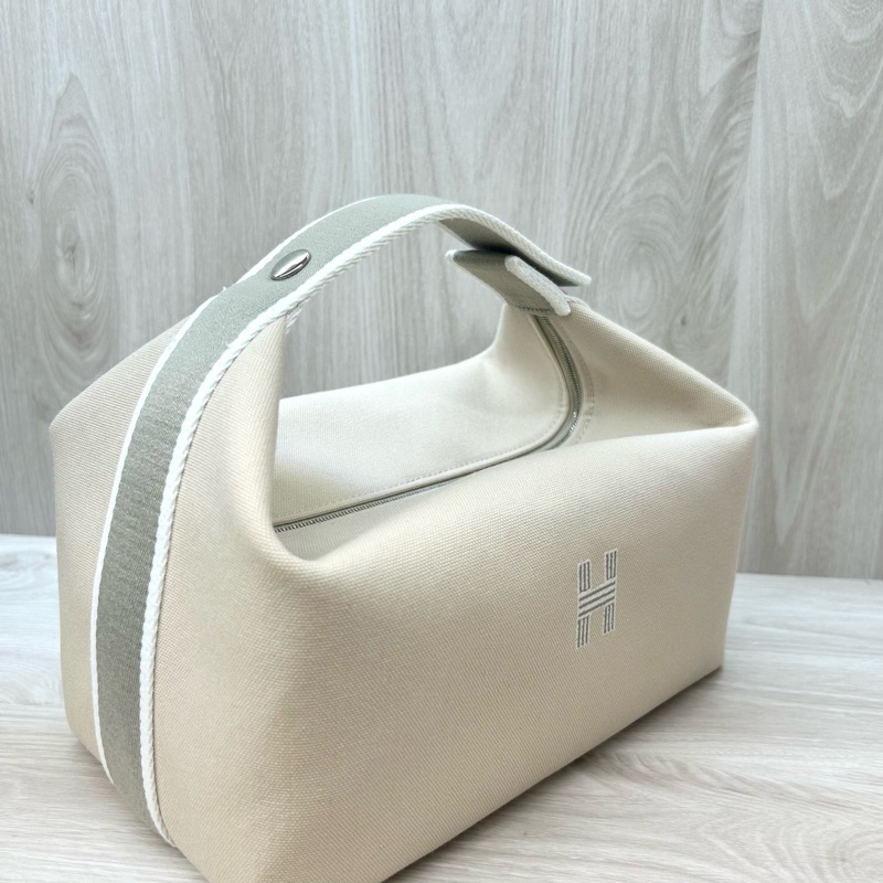 HERMES米白拚灰帆布Bride-a-Brac Case化妝包-4