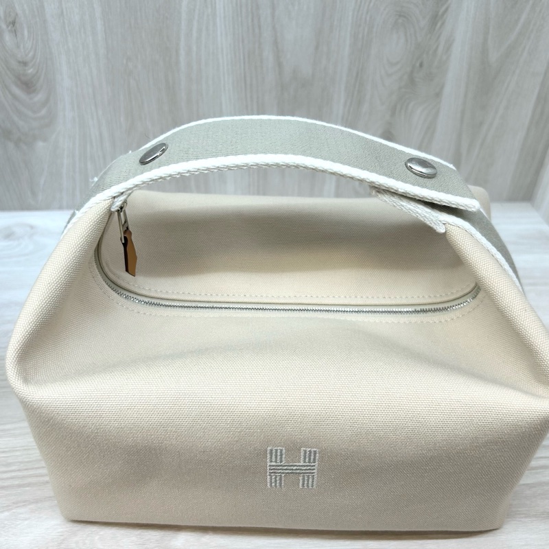 HERMES米白拚灰帆布Bride-a-Brac Case化妝包-8