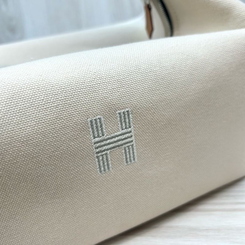 HERMES米白拚灰帆布Bride-a-Brac Case化妝包-11