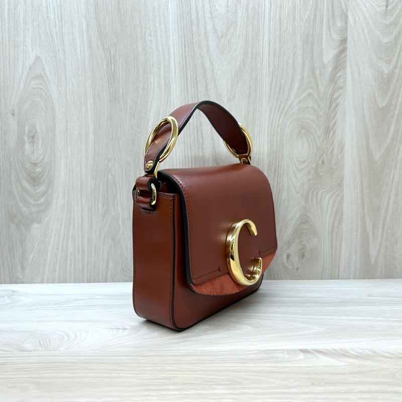 Chloe磚紅棕牛皮麂皮mini C Bag/CHC19US193A3727S-3