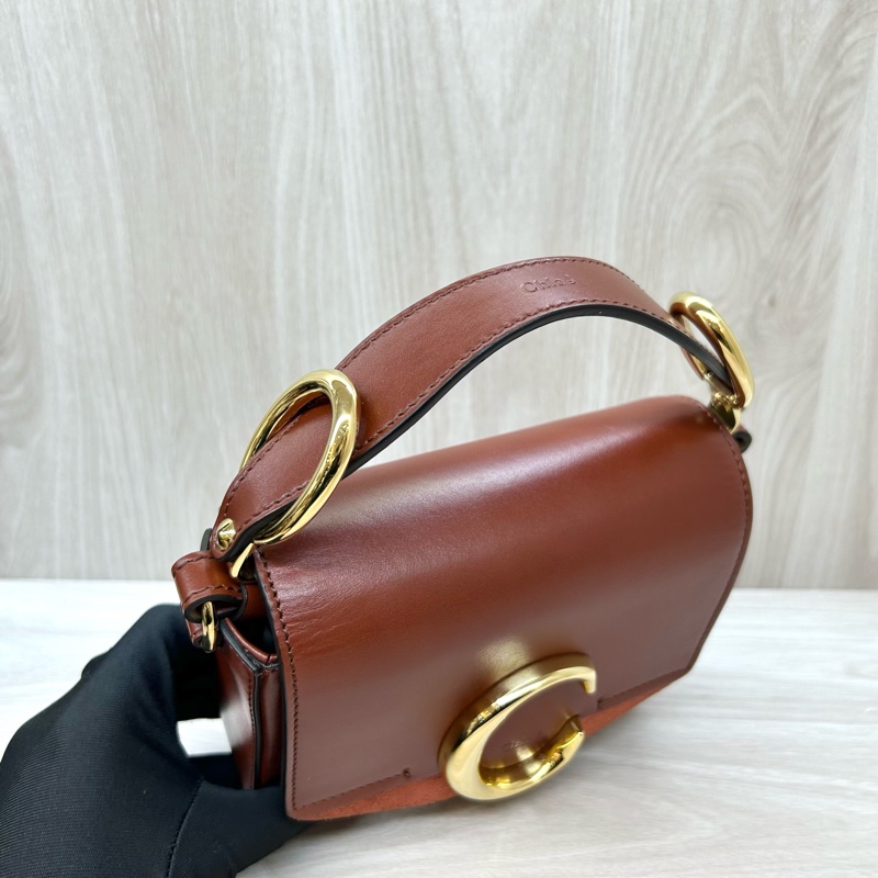 Chloe磚紅棕牛皮麂皮mini C Bag/CHC19US193A3727S-4