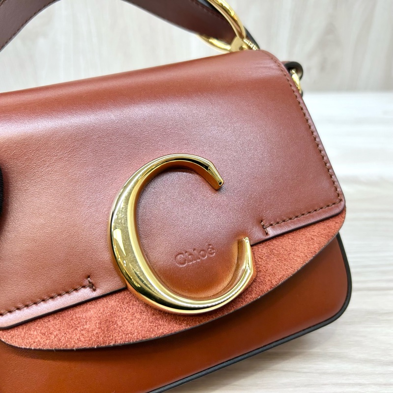 Chloe磚紅棕牛皮麂皮mini C Bag/CHC19US193A3727S-14