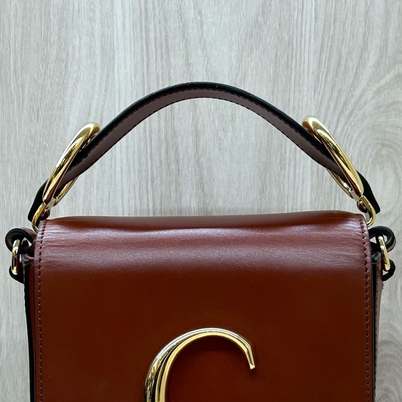 Chloe磚紅棕牛皮麂皮mini C Bag/CHC19US193A3727S-18