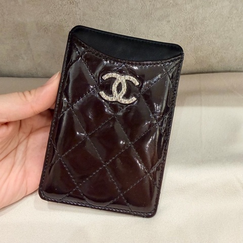 Chanel 香奈兒 大logo 漆皮直式卡夾 咖