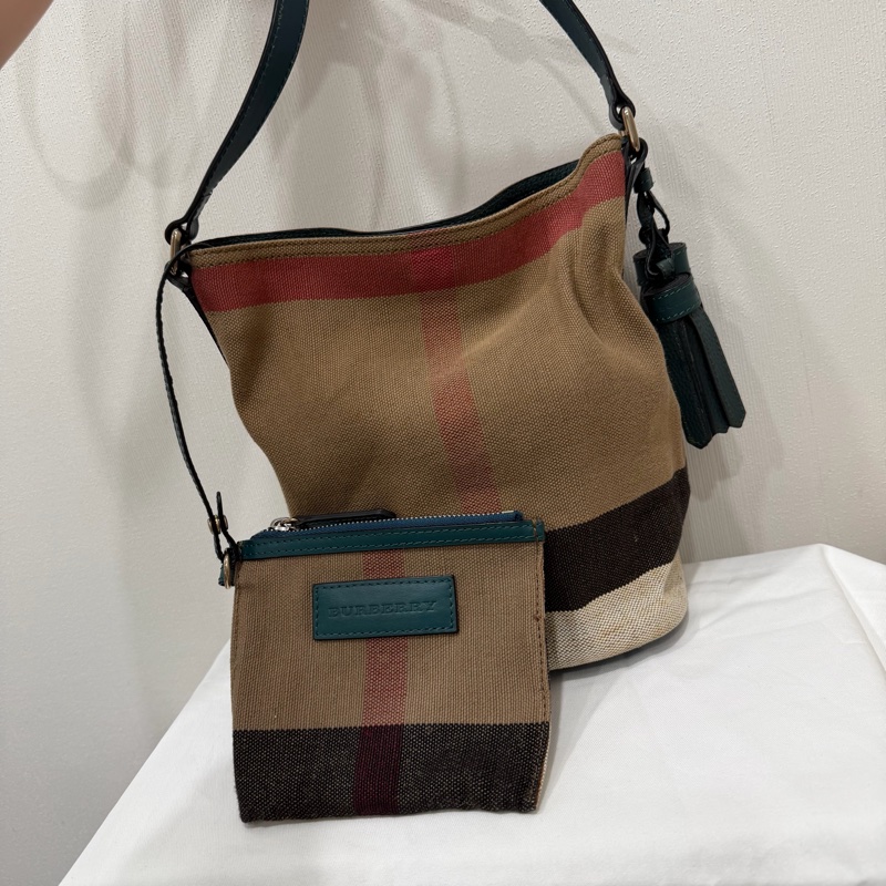 Burberry 經典格紋帆布拼皮革 子母小水桶包-0