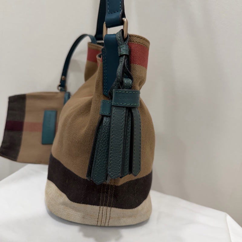 Burberry 經典格紋帆布拼皮革 子母小水桶包-3