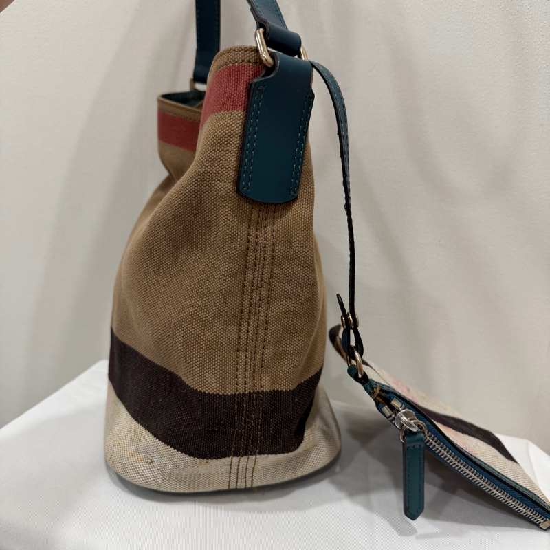Burberry 經典格紋帆布拼皮革 子母小水桶包-4