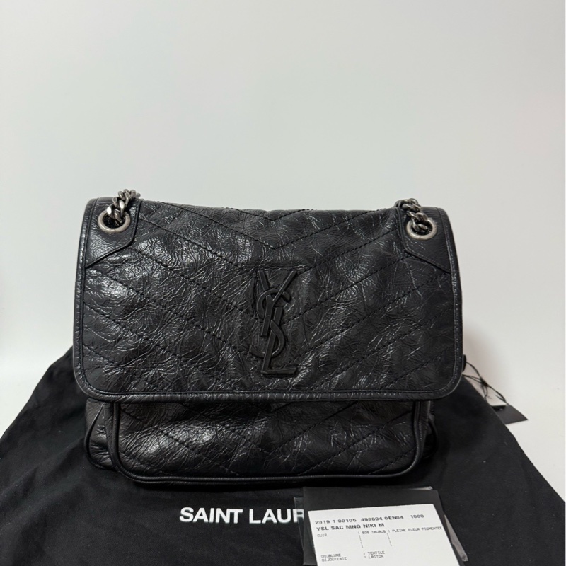 YSL Niki 中號｜黑色感壓皺摺皮-0